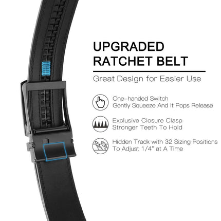 Ratchet Belt for Men Genuine Leather - Micro-Adjust Buckle Trim to Fit Dress Belt Casual to Formal Gift Boxed - Basic Black - Black - Size 28"-44" Waist Adjustable