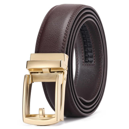 Ratchet Belt for Men Genuine Leather - Micro-Adjust Buckle Trim to Fit Dress Belt Casual to Formal Gift Boxed - Basic Gold - Brown - Size 28"-44" Waist Adjustable