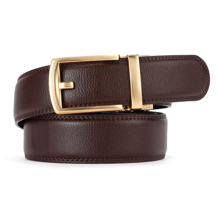 Ratchet Belt for Men Genuine Leather - Micro-Adjust Buckle Trim to Fit Dress Belt Casual to Formal Gift Boxed - Basic Gold - Brown - Size 28"-44" Waist Adjustable
