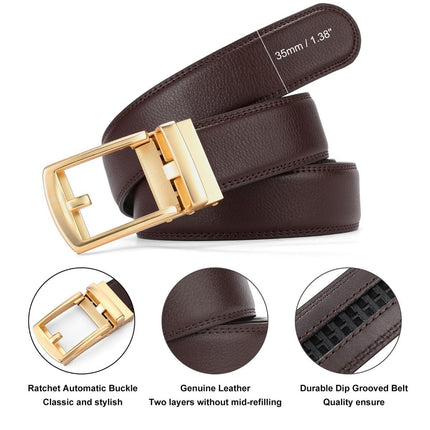 Ratchet Belt for Men Genuine Leather - Micro-Adjust Buckle Trim to Fit Dress Belt Casual to Formal Gift Boxed - Basic Gold - Brown - Size 34"-42" Waist Adjustable