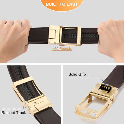 Ratchet Belt for Men Genuine Leather - Micro-Adjust Buckle Trim to Fit Dress Belt Casual to Formal Gift Boxed - Basic Gold - Brown - Size 42"-50" Waist Adjustable