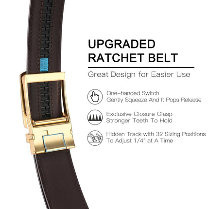 Ratchet Belt for Men Genuine Leather - Micro-Adjust Buckle Trim to Fit Dress Belt Casual to Formal Gift Boxed - Basic Gold - Brown - Size 42"-50" Waist Adjustable