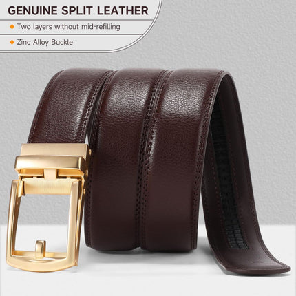 Ratchet Belt for Men Genuine Leather - Micro-Adjust Buckle Trim to Fit Dress Belt Casual to Formal Gift Boxed - Basic Gold - Brown - Size 42"-50" Waist Adjustable