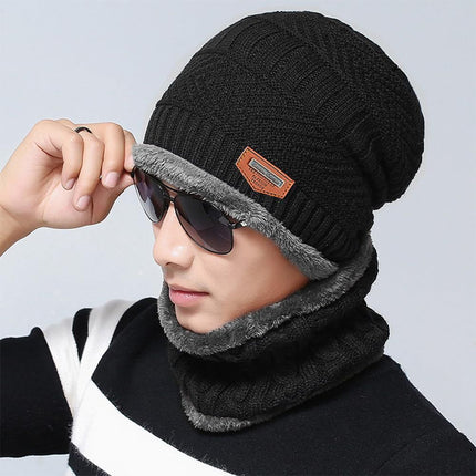 Warm Winter Beanie Hat & Scarf Set Stylish Knit Skull Cap for Men Women - Black - Size M