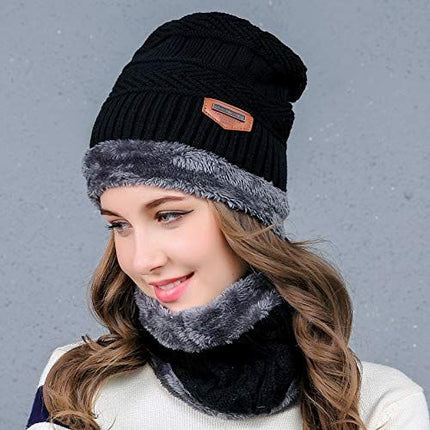 Warm Winter Beanie Hat & Scarf Set Stylish Knit Skull Cap for Men Women - Black - Size M