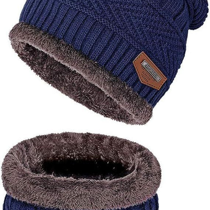 Warm Winter Beanie Hat & Scarf Set Stylish Knit Skull Cap for Men Women - Blue - Size M