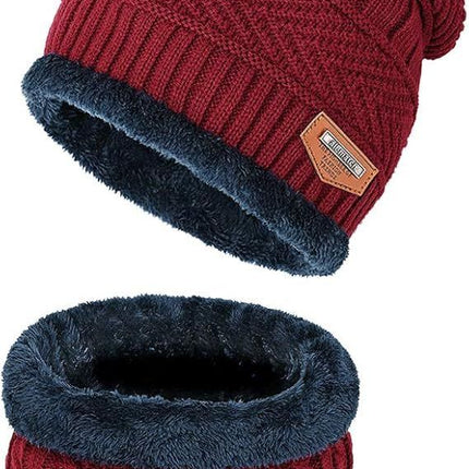 Warm Winter Beanie Hat & Scarf Set Stylish Knit Skull Cap for Men Women - Red - Size M