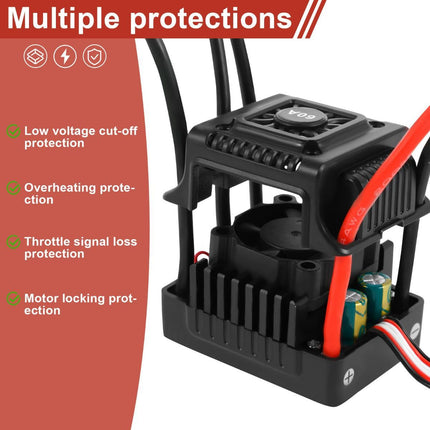 New Brushless Sensorless ESC, 60A Waterproof Dustproof Brushless Smart ESC, Sensorless Motor Combo, Multiple Protection Brushless ESC for 1/10 RC Car Truck Outdoor (T Plug)