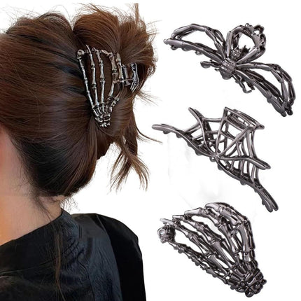 3PCS Black Spider Web Skeleton Hand Skull Hair Claw Clips (Black)