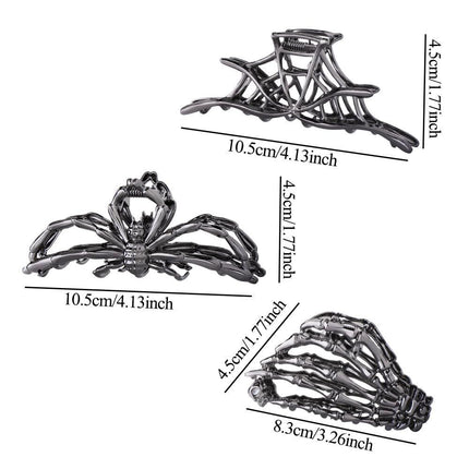 3PCS Black Spider Web Skeleton Hand Skull Hair Claw Clips (Black)