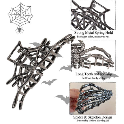 3PCS Black Spider Web Skeleton Hand Skull Hair Claw Clips (Black)