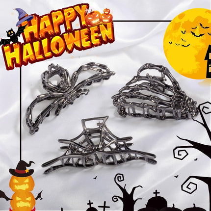 3PCS Black Spider Web Skeleton Hand Skull Hair Claw Clips (Black)