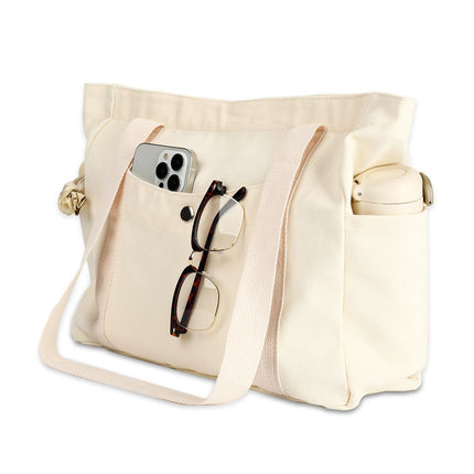 Canvas Tote Bag Multiple Pockets Durable Canvas Zipper Closure Spacious Design - Beige - Size 13.7in*11.2in*5.5in