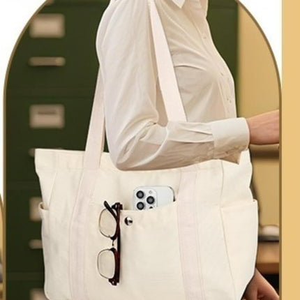 Canvas Tote Bag Multiple Pockets Durable Canvas Zipper Closure Spacious Design - Beige - Size 13.7in*11.2in*5.5in