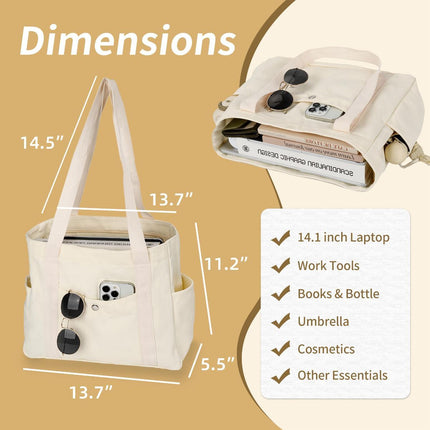 Canvas Tote Bag Multiple Pockets Durable Canvas Zipper Closure Spacious Design - Beige - Size 13.7in*11.2in*5.5in