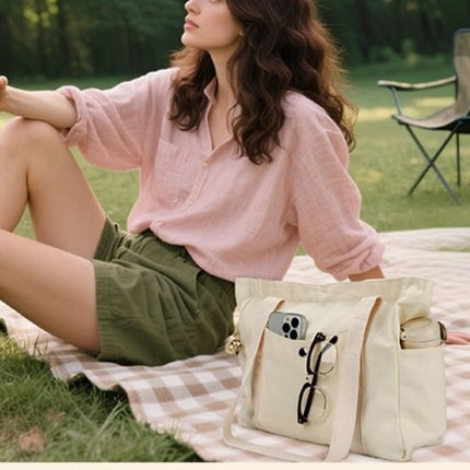Canvas Tote Bag Multiple Pockets Durable Canvas Zipper Closure Spacious Design - Black - Size 13.7in*11.2in*5.5in