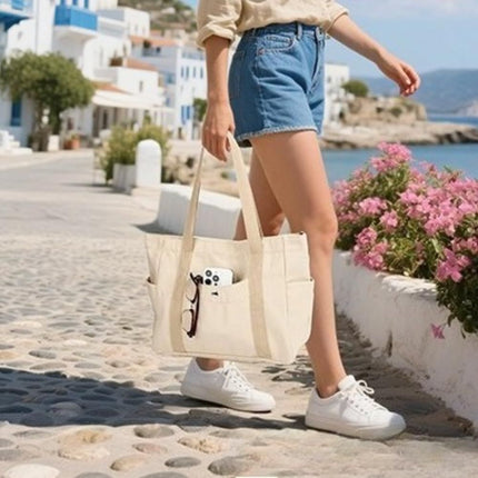 Canvas Tote Bag Multiple Pockets Durable Canvas Zipper Closure Spacious Design - Black - Size 13.7in*11.2in*5.5in