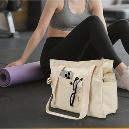 Canvas Tote Bag Multiple Pockets Durable Canvas Zipper Closure Spacious Design - Black - Size 13.7in*11.2in*5.5in