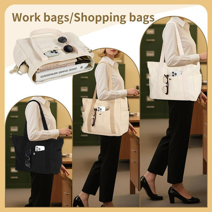 Canvas Tote Bag Multiple Pockets Durable Canvas Zipper Closure Spacious Design - Black - Size 13.7in*11.2in*5.5in