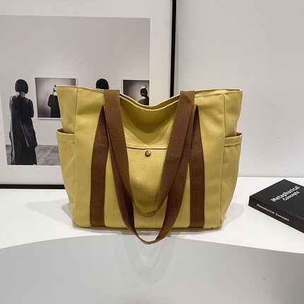 Canvas Tote Bag Multiple Pockets Durable Canvas Zipper Closure Spacious Design - Khaki - Size 13.7in*11.2in*5.5in