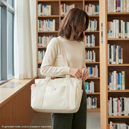 Canvas Tote Bag Multiple Pockets Durable Canvas Zipper Closure Spacious Design - Khaki - Size 13.7in*11.2in*5.5in