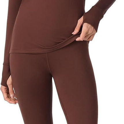 Cuddl Duds Womens Heavyweight Cold Weather Fleece Lined Thermal Set – Long Sleeve Top & Leggings - Winter Lounge Sets - Brown - Size S