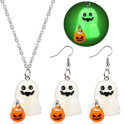 Halloween Ghosts Earrings and Necklace Set Glow in the Dark (Size a)