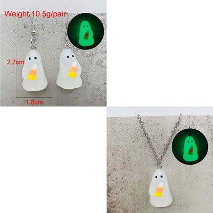 Halloween Ghosts Earrings and Necklace Set Glow in the Dark (Size C)