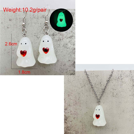 Halloween Ghosts Earrings and Necklace Set Glow in the Dark (Size E)