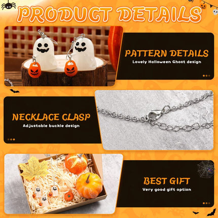Halloween Ghosts Earrings and Necklace Set Glow in the Dark (Size F)