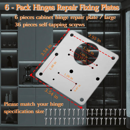 Cabinet Hinge Repair Plate, Hinges Repair Fixing Plate Cabinet Repair Board | 6 Pcs Stainless Steel Hinge Repair Brackets Kit,Kitchen Cupboard Door Hinge Repair Plate Kit with Screws Large Universal