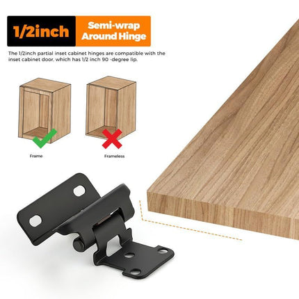 Semi-Overlay 1/2 inch Self-Closing Hinges, 10 Pack, Self-Closing Design, Face Frame Door Fit, Half Wrap-Around Cabinet Hardware Hinges, Kitchen Cabinet Face Mount - Black