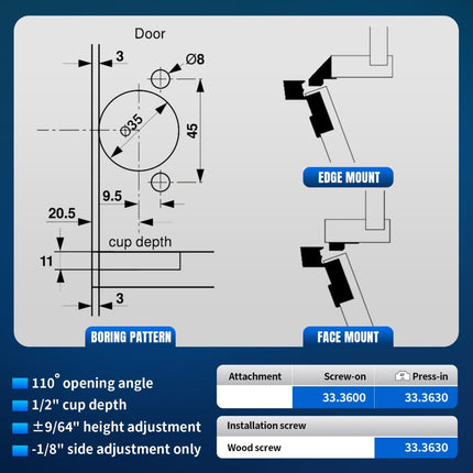Replacement for 30.310-11.02 Blum Cabinet Hinges, Self Quick Closing 110 & 120 Degree Screw On, 33.3600 Compact 31 & 33 Hinge (Mounting Plate Not Included) Include Wood Screws - Silver - Size 8 PCS