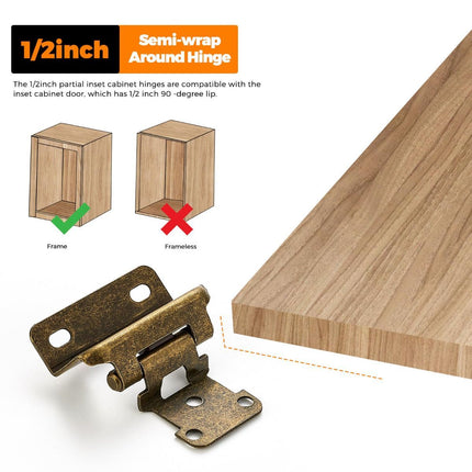 Semi-Overlay 1/2 inch Self-Closing Hinges, 10 Pack, Self-Closing Design, Face Frame Door Fit, Half Wrap-Around Cabinet Hardware Hinges, Kitchen Cabinet Face Mount - Antique Brass