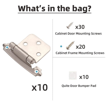 Cabinet Hinges Brushed Nickel for Kitchen Cabinets Doors (10 Pcs) -1/2" Overlay (Variable) -Self Closing Kitchen Cabinet Hinges Flush Mount w/Silicon Bumpers & Hardware Screws - Silver
