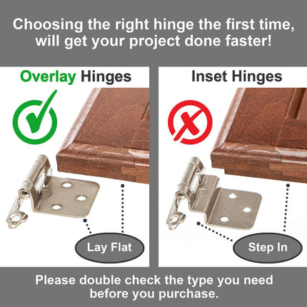Cabinet Hinges Brushed Nickel for Kitchen Cabinets Doors (10 Pcs) -1/2" Overlay (Variable) -Self Closing Kitchen Cabinet Hinges Flush Mount w/Silicon Bumpers & Hardware Screws - Silver