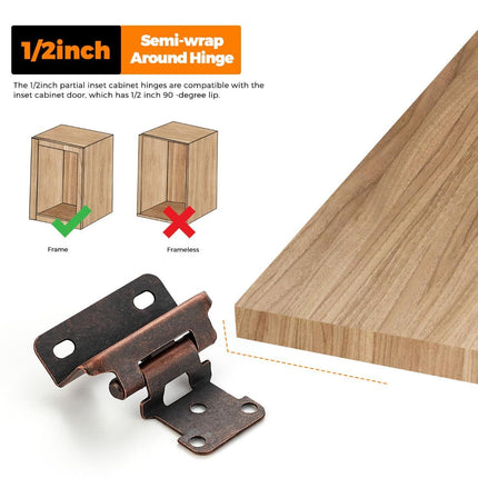 Semi-Overlay 1/2 inch Self-Closing Hinges, 10 Pack, Self-Closing Design, Face Frame Door Fit, Half Wrap-Around Cabinet Hardware Hinges, Kitchen Cabinet Face Mount - Antique Copper