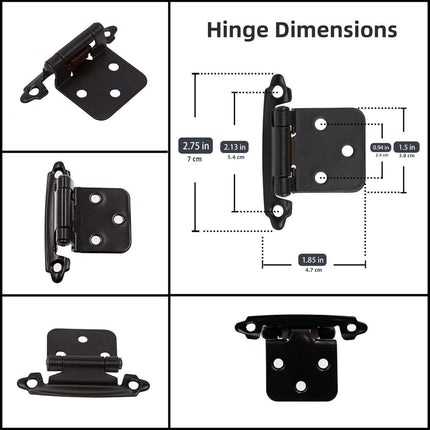 Cabinet Hinges Brushed Nickel for Kitchen Cabinets Doors (10 Pcs) -1/2" Overlay (Variable) -Self Closing Kitchen Cabinet Hinges Flush Mount w/Silicon Bumpers & Hardware Screws - Black