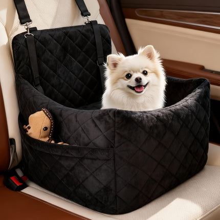 Portable Pet Car Seat Booster for Small Dogs and Cats, Elevated Design with Safety Belts and Storage Pocket, Perfect for Travel and Outdoor Adventures (Black)