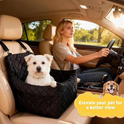 Portable Pet Car Seat Booster for Small Dogs and Cats, Elevated Design with Safety Belts and Storage Pocket, Perfect for Travel and Outdoor Adventures (Black)