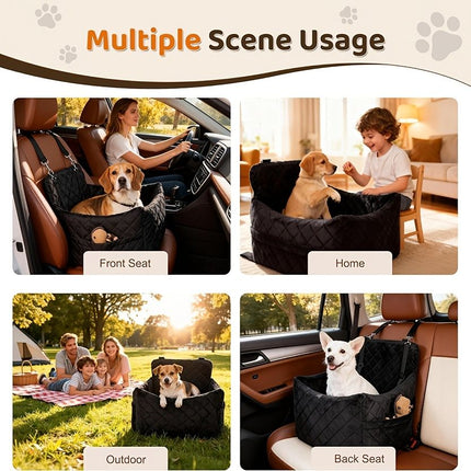 Portable Pet Car Seat Booster for Small Dogs and Cats, Elevated Design with Safety Belts and Storage Pocket, Perfect for Travel and Outdoor Adventures (Black)