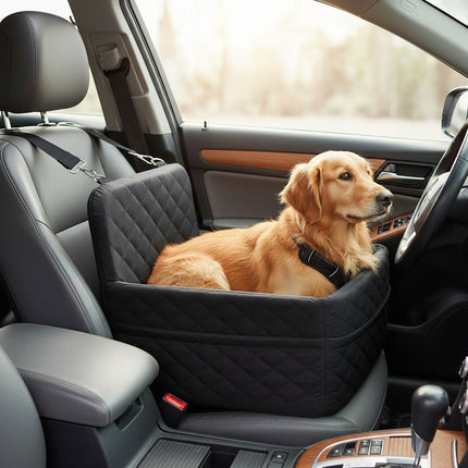 Portable Pet Car Seat Booster for Small Dogs and Cats, Elevated Design with Safety Belts and Storage Pocket, Perfect for Travel and Outdoor Adventures (Black)