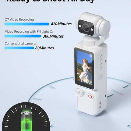 Handheld Pocket Camera – 2.5K UHD, 180° Rotating Lens, Fill Light, 2000mAh Battery, No App Needed, 32GB Included, for Vlog & Travel (White)