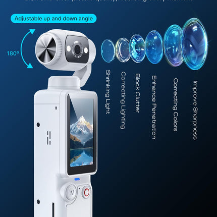 Handheld Pocket Camera – 2.5K UHD, 180° Rotating Lens, Fill Light, 2000mAh Battery, No App Needed, 32GB Included, for Vlog & Travel (White)