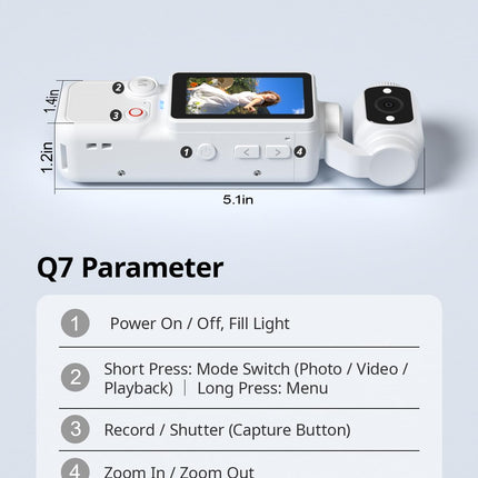 Handheld Pocket Camera – 2.5K UHD, 180° Rotating Lens, Fill Light, 2000mAh Battery, No App Needed, 32GB Included, for Vlog & Travel (White)