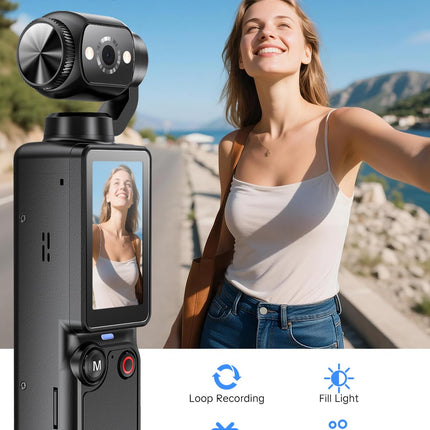 Handheld Pocket Camera – 2.5K UHD, 180° Rotating Lens, Fill Light, 2000mAh Battery, No App Needed, 32GB Included, for Vlog & Travel (Black)