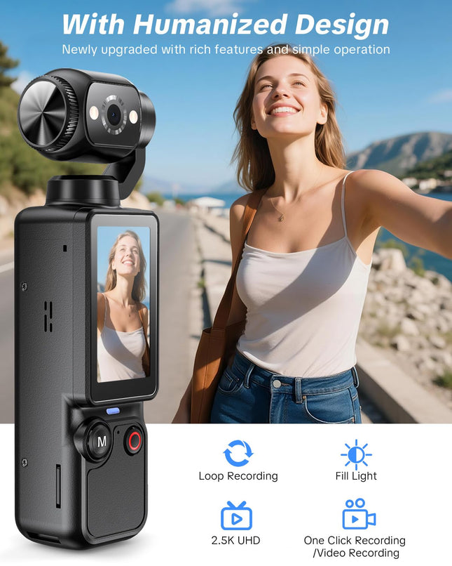 Handheld Pocket Camera - 2.5K UHD 180 Degree Rotating Lens Fill Light 2000mAh Battery No App Needed 32GB Included for Vlog & Travel (Black)