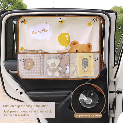 Cute Bear Car Sunshade Set of 2 – Side Window Curtain with Storage Mesh Pockets and Suction Cups for Kids – UV Protection & Heat Block (Beige)