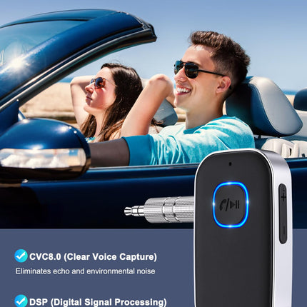 Bluetooth 5.3 Audio Receiver with Mic – Wireless AUX Adapter for Car Stereo, Speakers & Headphones, CVC8.0 Noise Cancellation, Dual Pairing, 16H Battery (Black)