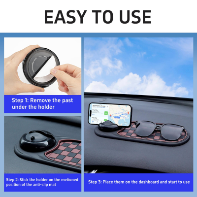 2-in-1 Car Dashboard Anti-Slip Mat with 360° Rotating Phone Holder – Holds Phone, Sunglasses & Keys, Spring-Clamp Grip, Non-Slip Silicone, Universal Fit (Grey- Silver)